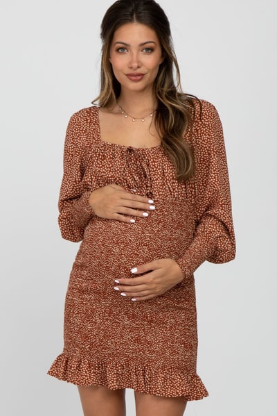 PinkBlush Rust Leaf Print Smocked Maternity Dress