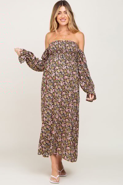 PinkBlush Black Floral Off Shoulder Long Sleeve Maternity Maxi Dress