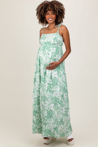 PinkBlush Sage Leaf Print Sleeveless Open Back Smocked Maternity Maxi Dress