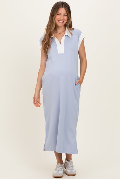 PinkBlush Light Blue Colorblock Polo Maternity Midi Dress