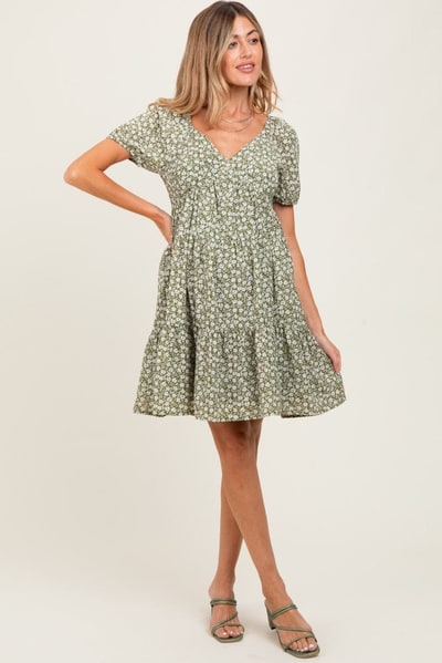 PinkBlush Light Olive Floral Tiered V-Neck Maternity Mini Dress