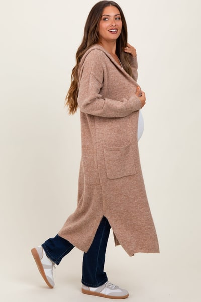 PinkBlush Camel Long Hooded Open Front Maternity Cardigan