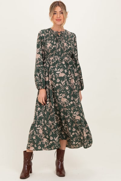 PinkBlush Green Floral Smocked Long Sleeve Maternity Midi Dress