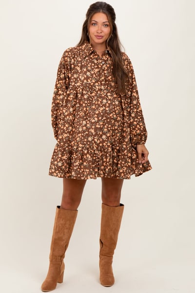 PinkBlush Brown Floral Print Shirring Half Buttoned Maternity Shirt Dress