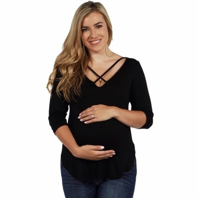 Target 24seven Comfort Apparel Womens Criss Cross Round Hemline Maternity Tunic Top-BLACK-XL