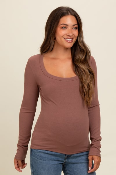 PinkBlush Brown Ribbed Square Neck Long Sleeve Maternity Top