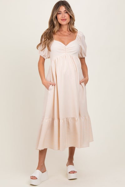 PinkBlush Beige Sweetheart Stripe Smocked Back Maternity Midi Dress