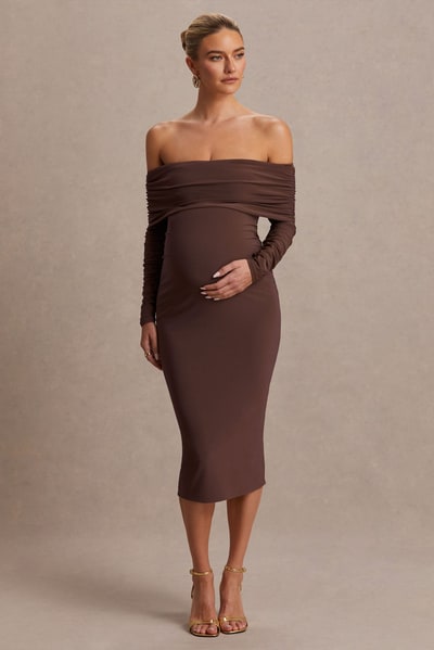 Club L London Elspeth | Brown Bardot-Neck Maternity Midi Dress