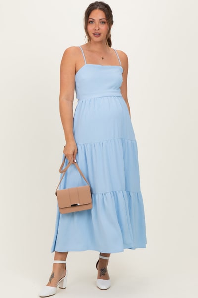 PinkBlush Light Blue Tiered Cutout Tie Back Maternity Midi Dress
