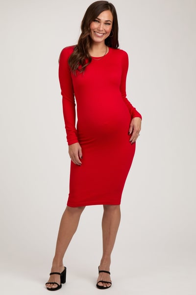 PinkBlush Red Ribbed Maternity Seamless Fitted Dress