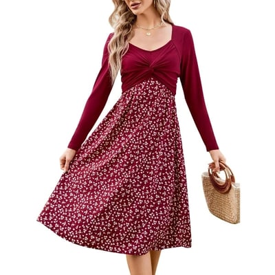 Target Women's Maternity Dress Long Sleeve Vintage Floral Patchwork Dress Flared A-Line Swing Casual Party Midi Dress Wine Red XXL