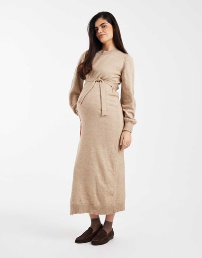 ASOS Mamalicious Maternity knit belted blouson sleeve maxi dress in natural melange