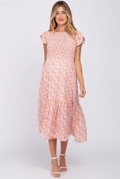 PinkBlush Pink Leaf Print Smocked Ruffle Sleeve Maternity Midi Dress