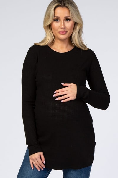 PinkBlush Black Long Sleeve Round Hem Textured Maternity Top