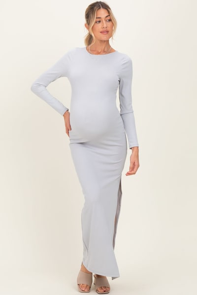 PinkBlush Light Grey Ribbed Long Sleeve Side Slit Maternity Maxi Dress