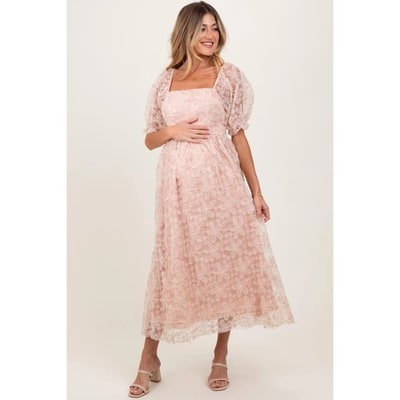 Target PinkBlush Light Pink Floral Mesh Overlay Tie Back Maternity Midi Dress Light Pink Medium