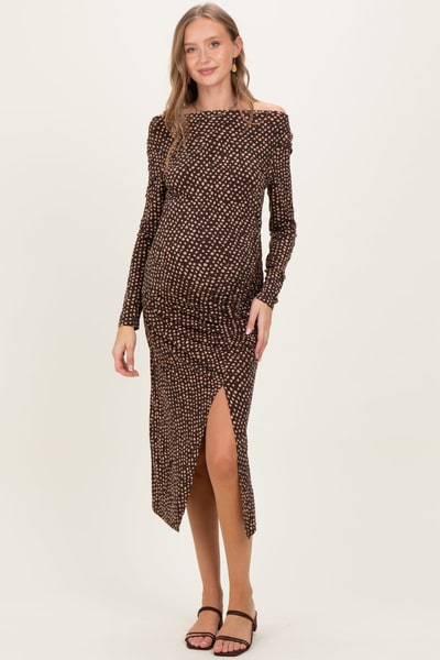 PinkBlush Brown Printed Ruched Side Slit Maternity Midi Dress