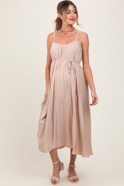 PinkBlush Beige Pleated Sash Tie Maternity Midi Dress