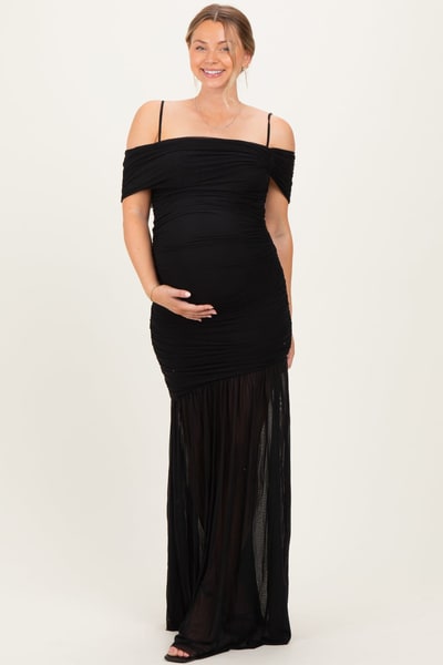 PinkBlush Black Ruched Mesh Off Shoulder Maternity Maxi Dress