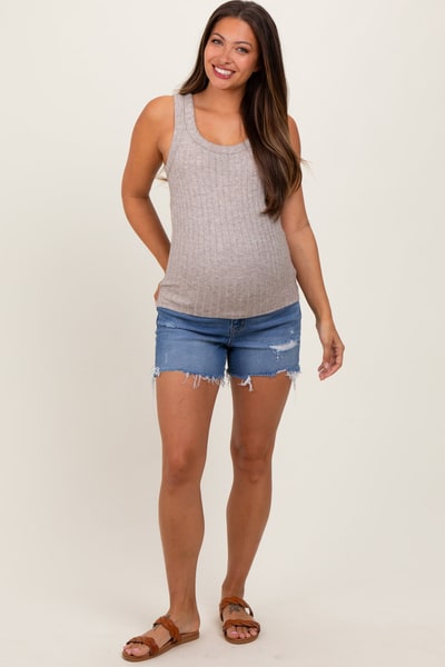 PinkBlush Blue High Rise Distressed Maternity Shorts