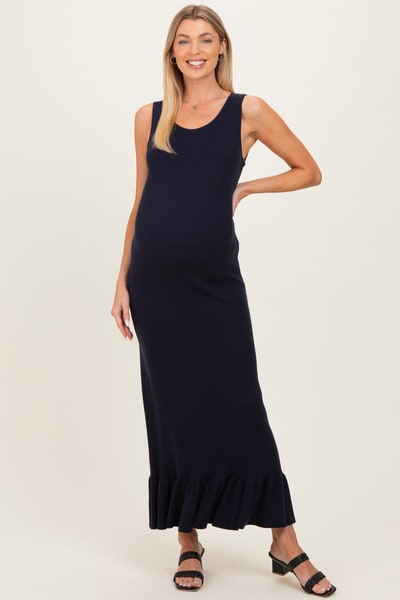 PinkBlush Navy Ribbed Knit Sleeveless Ruffle Hem Maternity Maxi Dress