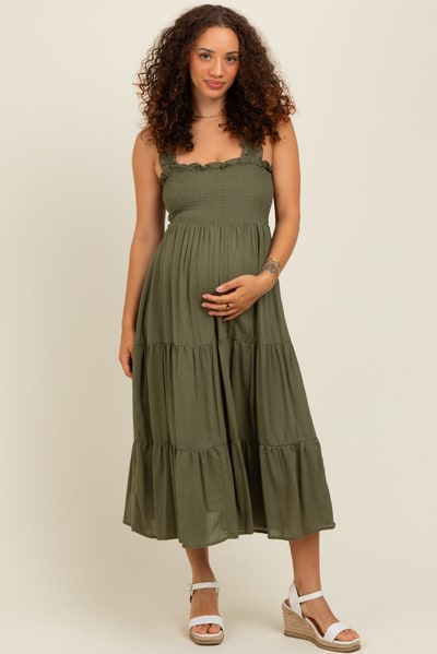 PinkBlush Olive Smocked Ruffle Strap Tiered Maternity Midi Dress