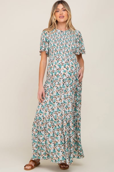 PinkBlush Green Floral Smocked Tiered Maternity Maxi Dress