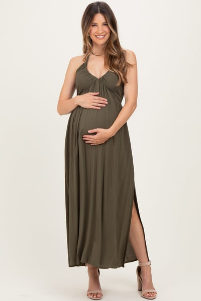 PinkBlush Olive Halter Neck Side Slit Maternity Midi Dress