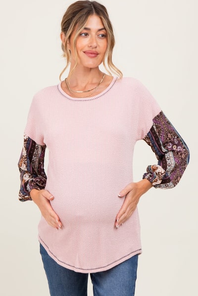 PinkBlush Light Pink Floral Ribbed Knit Colorblock Maternity Long Sleeve Top