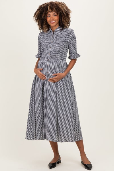 PinkBlush Black Gingham Smocked Button Down Maternity Midi Dress