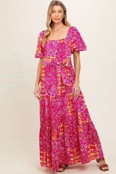 PinkBlush Fuchsia Floral Smocked Short Puff Sleeve Tiered Maternity Maxi Dress