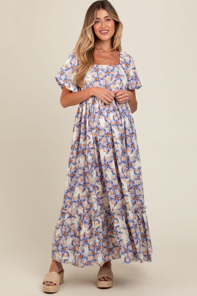 PinkBlush Blue Floral Ruffle Accent Maternity Maxi Dress
