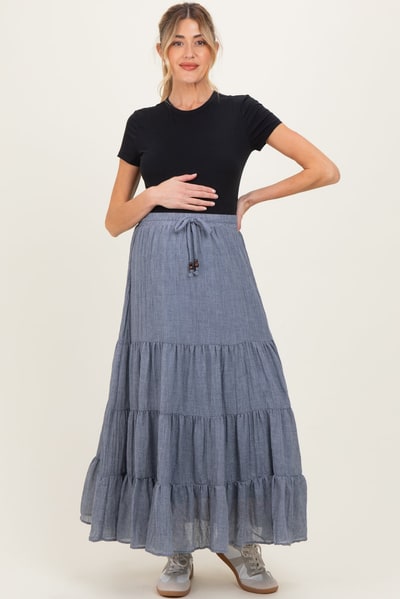 PinkBlush Denim Blue Tiered Drawstring Maternity Maxi Skirt