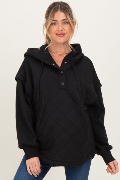 PinkBlush Black Quilted Contrast Maternity Button Hoodie
