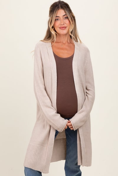 PinkBlush Beige Contrast Rib Long Maternity Open Cardigan