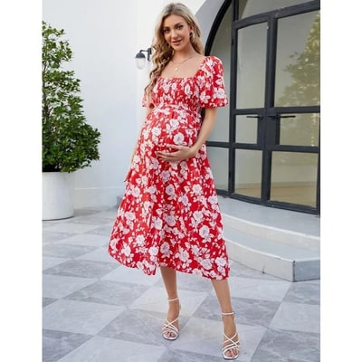 Target WhizMax Women's Maternity Dress Summer Floral Print Square Neck Puff Sleeve Midi Dress Casual Ruffle A Line Dress for Babyshower Red S