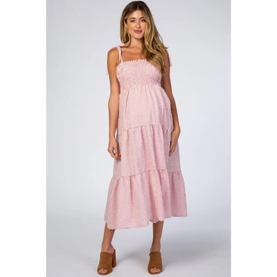 Target PinkBlush Pink Checkered Tiered Maternity Midi Dress Pink Medium