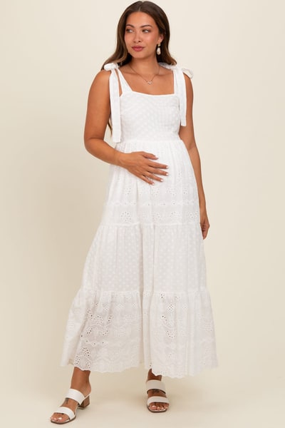 PinkBlush White Embroidered Eyelet Lace Maternity Maxi Dress