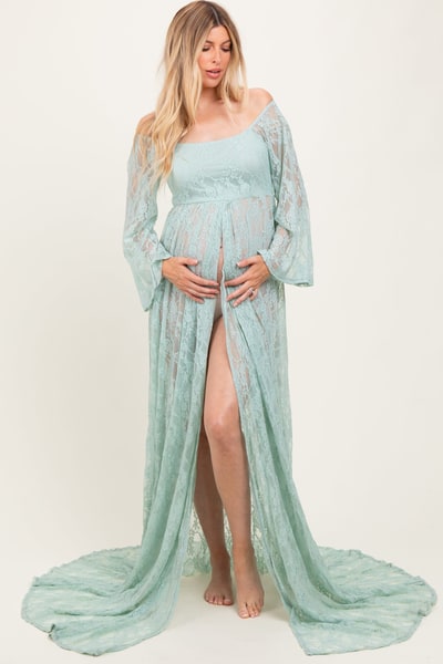 PinkBlush Mint Lace Long Sleeve Off Shoulder Slit Draped Maternity Photoshoot Dress