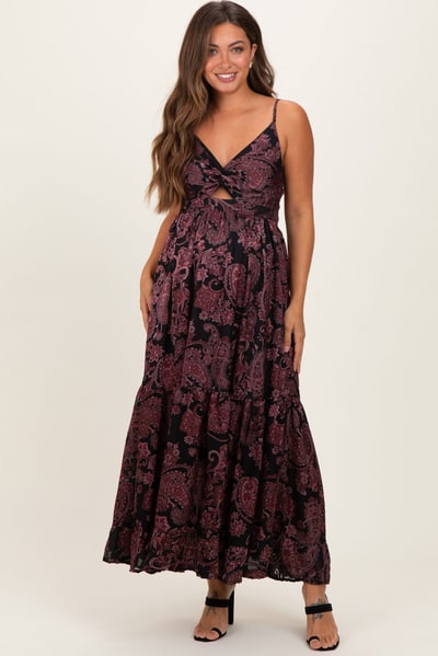 PinkBlush Black Paisley Sleeveless Twist Front Maternity Maxi Dress