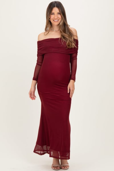 PinkBlush Burgundy Mesh Off Shoulder Long Sleeve Maternity Maxi Dress