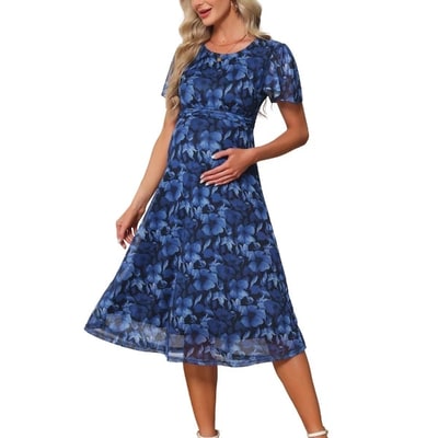 Target INSPIRE CHIC Women's Maternity Flowy Floral Dress Midi Photoshoot Formal Casual Pregnancy Dress 2026 Summer Medium Black Dress & Blue Flower