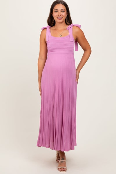 PinkBlush Mauve Textured Knit Shoulder Tie Maternity Midi Dress