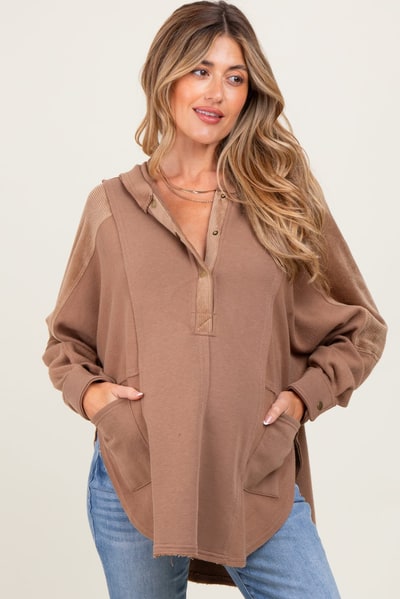 PinkBlush Mocha Corduroy Contrast Oversized Maternity Hoodie