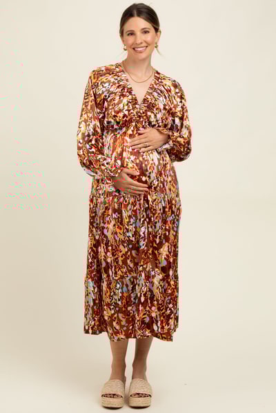 PinkBlush Mocha Multi Color Satin V-Neck Long Sleeve Maternity Maxi Dress
