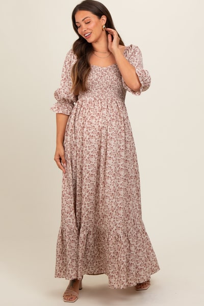 PinkBlush Cream Sweetheart Neck Smocked Ruffle Hem Maternity Maxi Dress