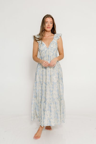 Worth Collective Katy Pleated Bodice Maxi Dress in Blue Floral - Bump Friendly
