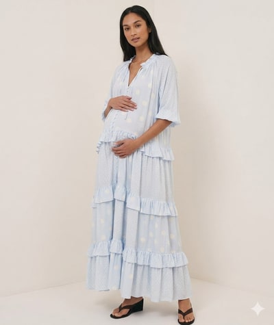 For The Creators Dott Ruffle Neck Light Blue Maxi Maternity Dress