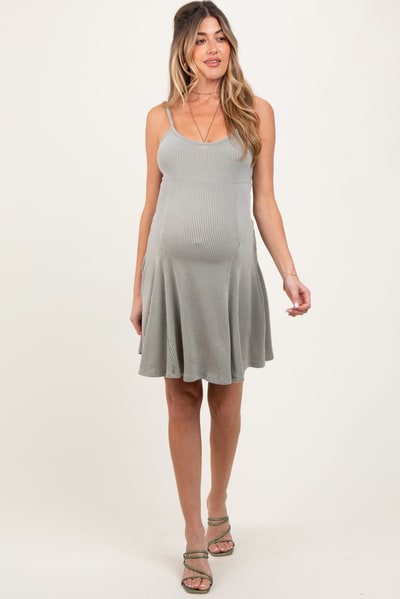 PinkBlush Light Olive Solid Ribbed Knitted Adjustable Strap Sleeveless Maternity Mini Dress