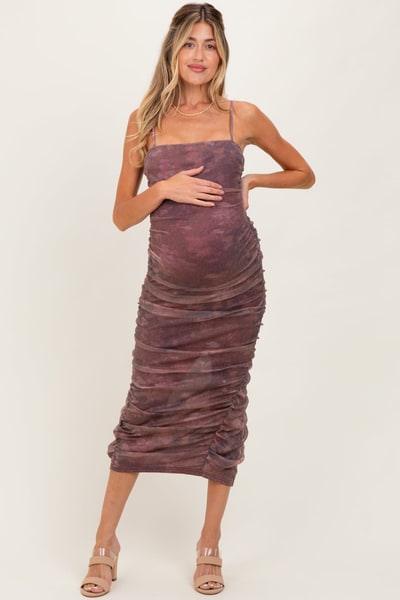 PinkBlush Mauve Printed Metallic Ruched Maternity Midi Dress